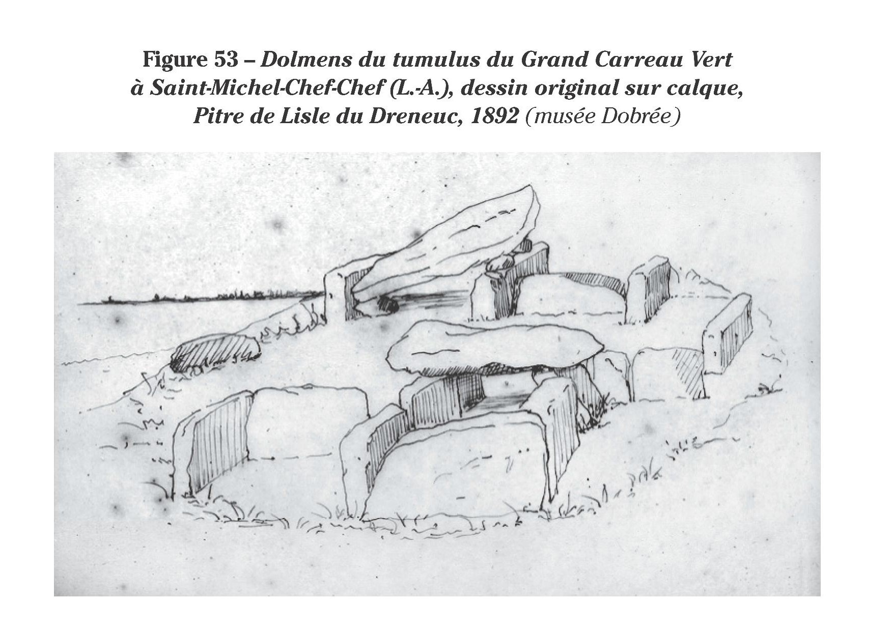 Dessin des dolmens du Carreau-Vert par Pitre de l'Isle, 1892